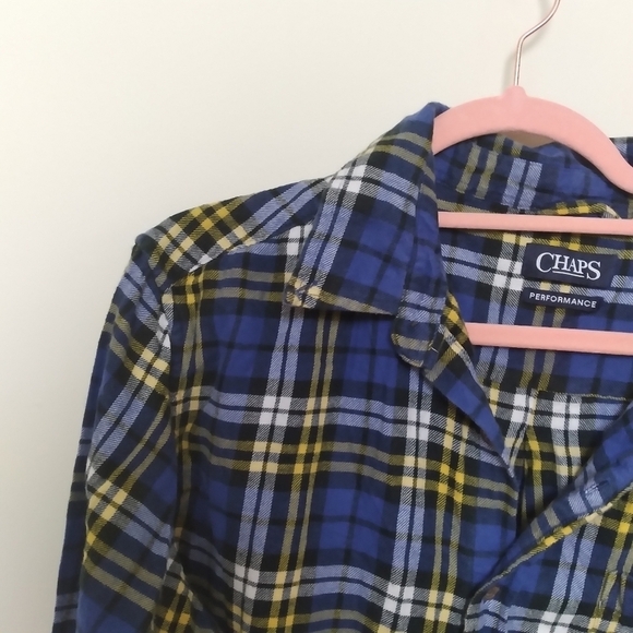Chaps Performance Blue and Yellow Plaid Flannel Button Down Shirt Size XL - Picture 4 of 11